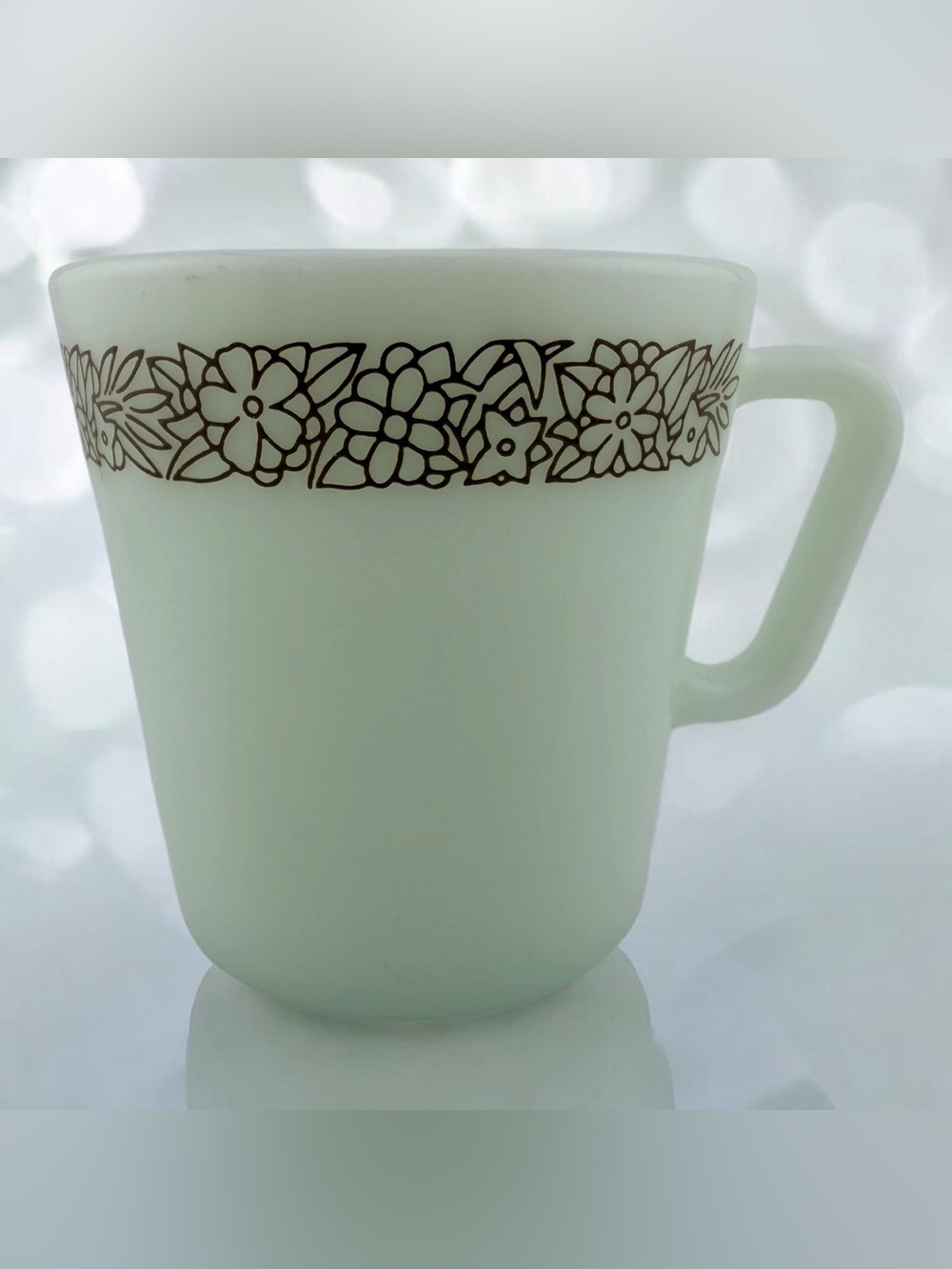 Vintage Pyrex Woodland Brown Floral D Handle Milk Glass Mug Cup